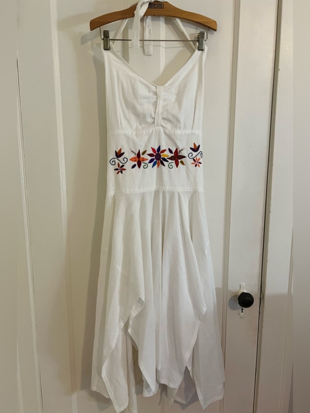 White Halter Dress with Colorful Floral Embroidery